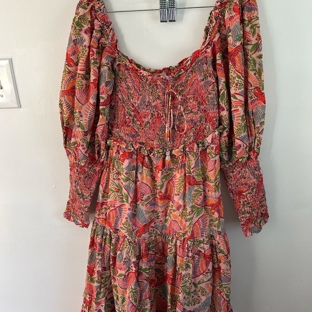 Farm Rio Macaw Flight Smocked Cotton Midi Dress